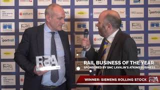 Rail Business Awards 2019 - Rail Business of the Year
Celebrating the best of the UK rail industry, the 21st Rail Business Awards were hosted by Railway Gazette at the London Hilton on Park Lane on February 21 2019, with guest presenter Jeremy Vine.
Siemens Mobility UK won the Rail Business of the Year award, sponsored by SNC Lavalins Atkins Business. Rail Business Awards 2019 - Rail Business of the Year