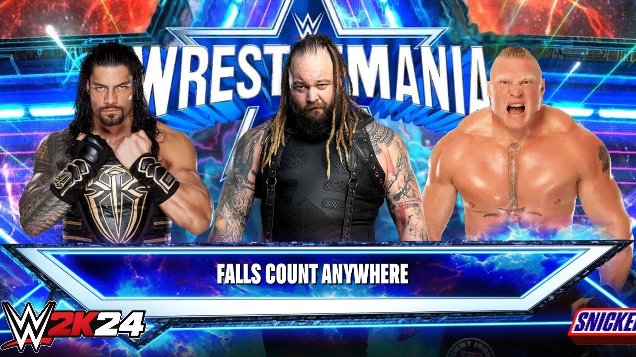 WWE 2k24 - Роман Рейнс против Брэя Уайатта против Брока Леснара: матч без правил на WrestleMania.