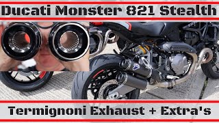Ducati Monster 821 Stealth Termignoni Exhaust System sound and extras's, tail tidy, mirrors, carbon