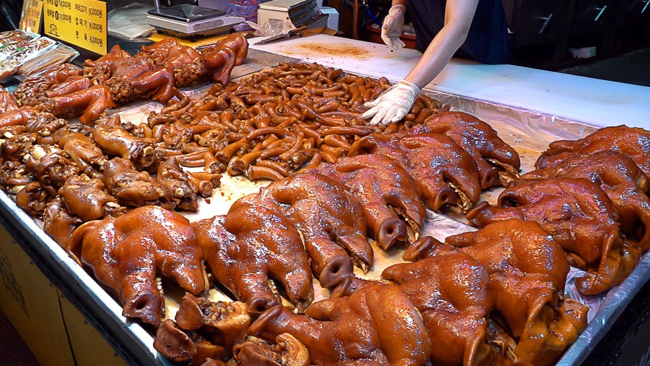 Pig tails are free! Amazing Braised Pig's Trotters (Jokbal), Head & Tail - Korean street fo