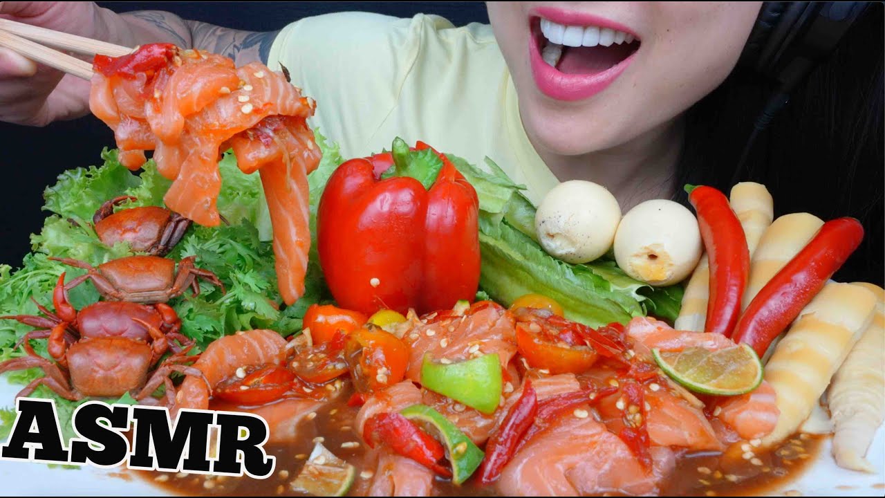 ASMR SALMON SASHIMI + THAI SPICY SALAD SAUCE (CRUNCHY VEGGIE EATING SOUNDS) NO TALKING | SAS-ASMR