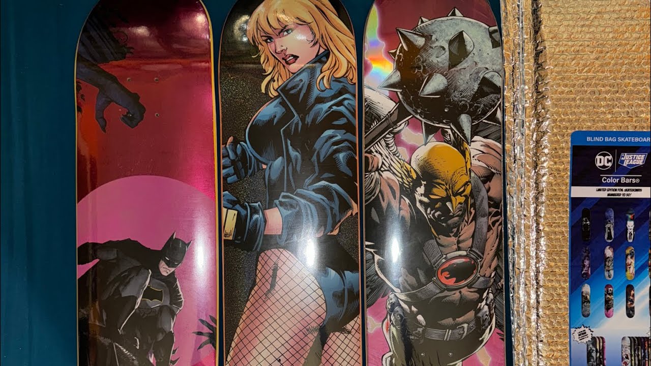 Color Bars x Justice League Blind Bag Skateboard Decks! 1/12 Batman, 1/50 Black Canary, 1/12 Hawkman