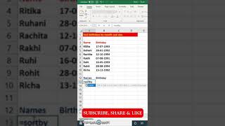 Sort birthday by month and day in excel | excel tutorial | #shorts