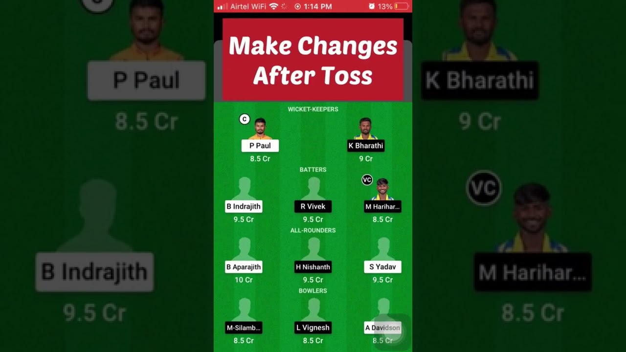 NRK VS DD TNPL 22 Dream11 Team Preview (GL Team). 