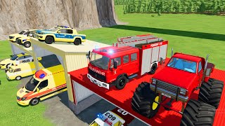 TRANSPORTING CARS, FIRE TRUCK, POLICE CARS, MONSTER TRUCK, AMBULANCE OF COLORS! WITH TRUCKS! - FS 22