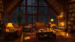 Smooth Jazz Music in Cozy Cabin Ambience 🔥 Heavy Rain &amp; Warm Fireplace Sounds for Relaxing, Sleeping