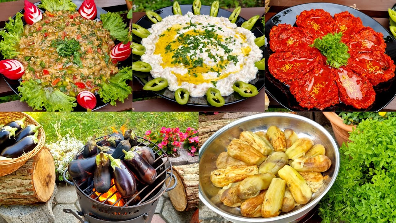 باذنجان مشوي ع موقد الحطب مع تحضير ثلاث أنواع من المقبلات الشهية