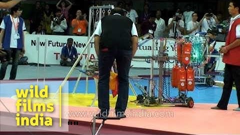 Teams with their design robots display at Robocon contest in Pune