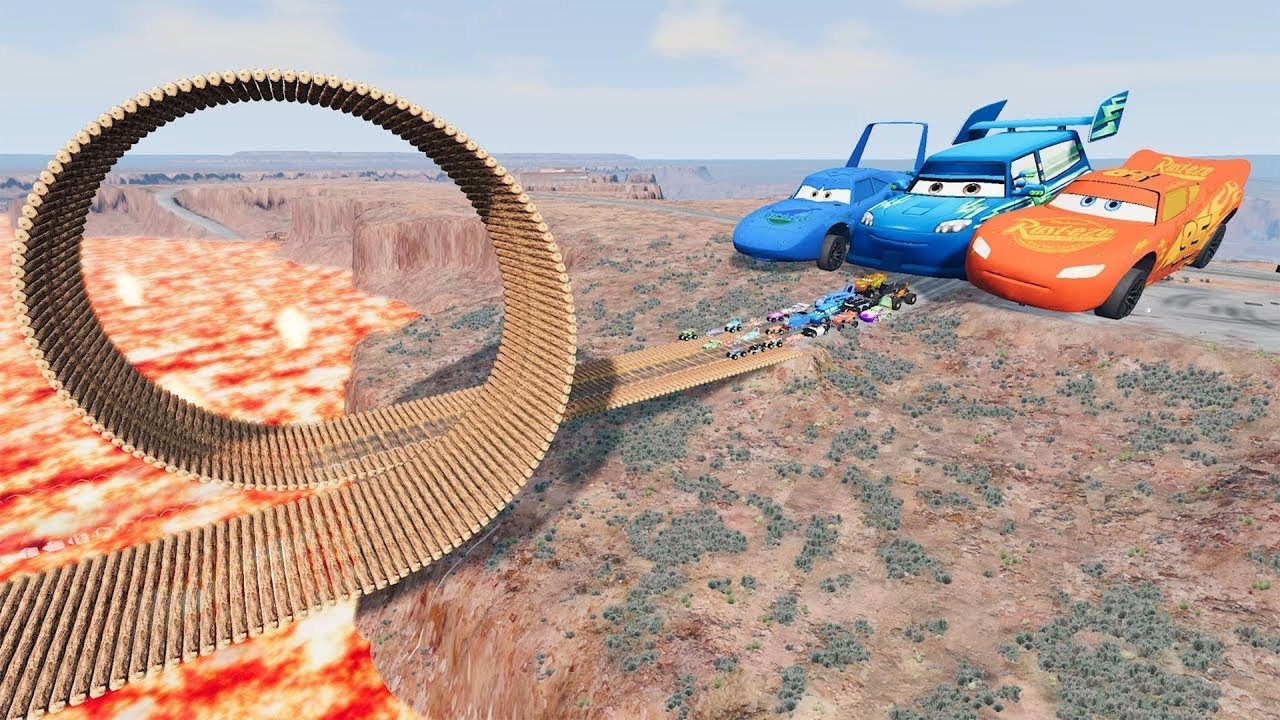Big & Small Lightning McQueen, Dinoco vs Pixar Car, Tow Mater vs Lava Loop Bridge - BeamNG.Drive
