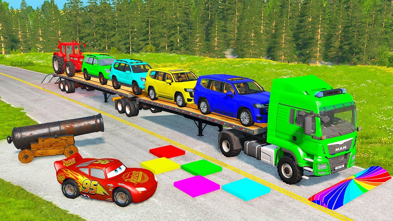 Flatbed Truck McQueen | Transportation with Truck - Pothole vs Car #3 | BeamNG.Drive Gameplay