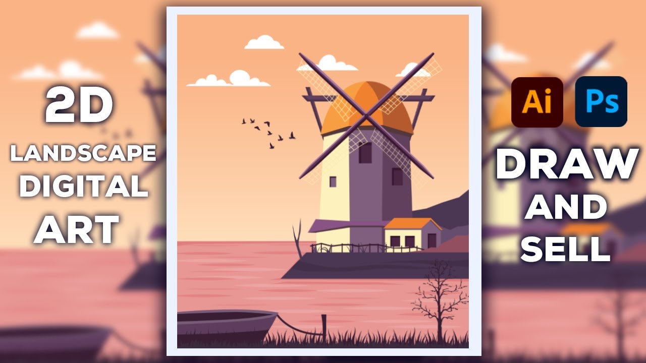 2D Digital Landscape art tutorial by Adobe illustrator | draw and sell your art as NFT | speed art .