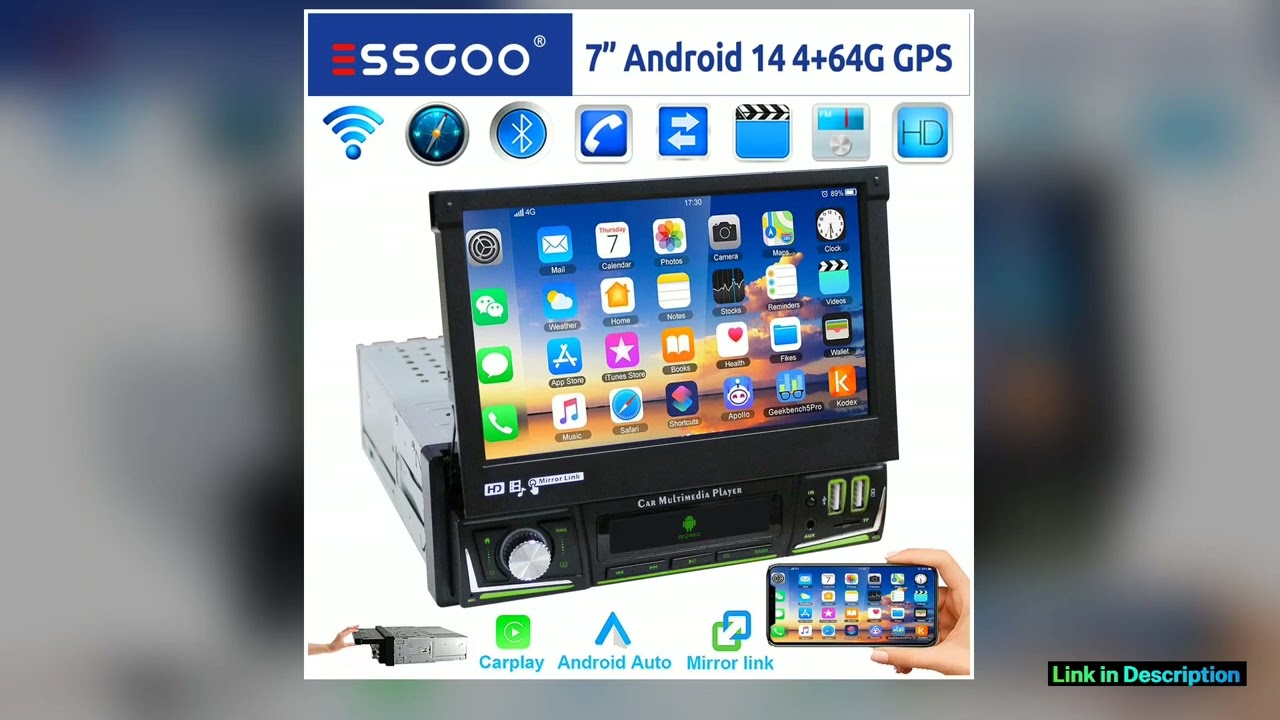 ESSGOO 1 DIN 7 Inch Flip Out Touchscreen 464G Android 14 Car Stereo Radio Apple Carplay GPS Navi