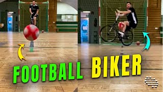 Biker Hits Ball with the Front Wheel into a Hole