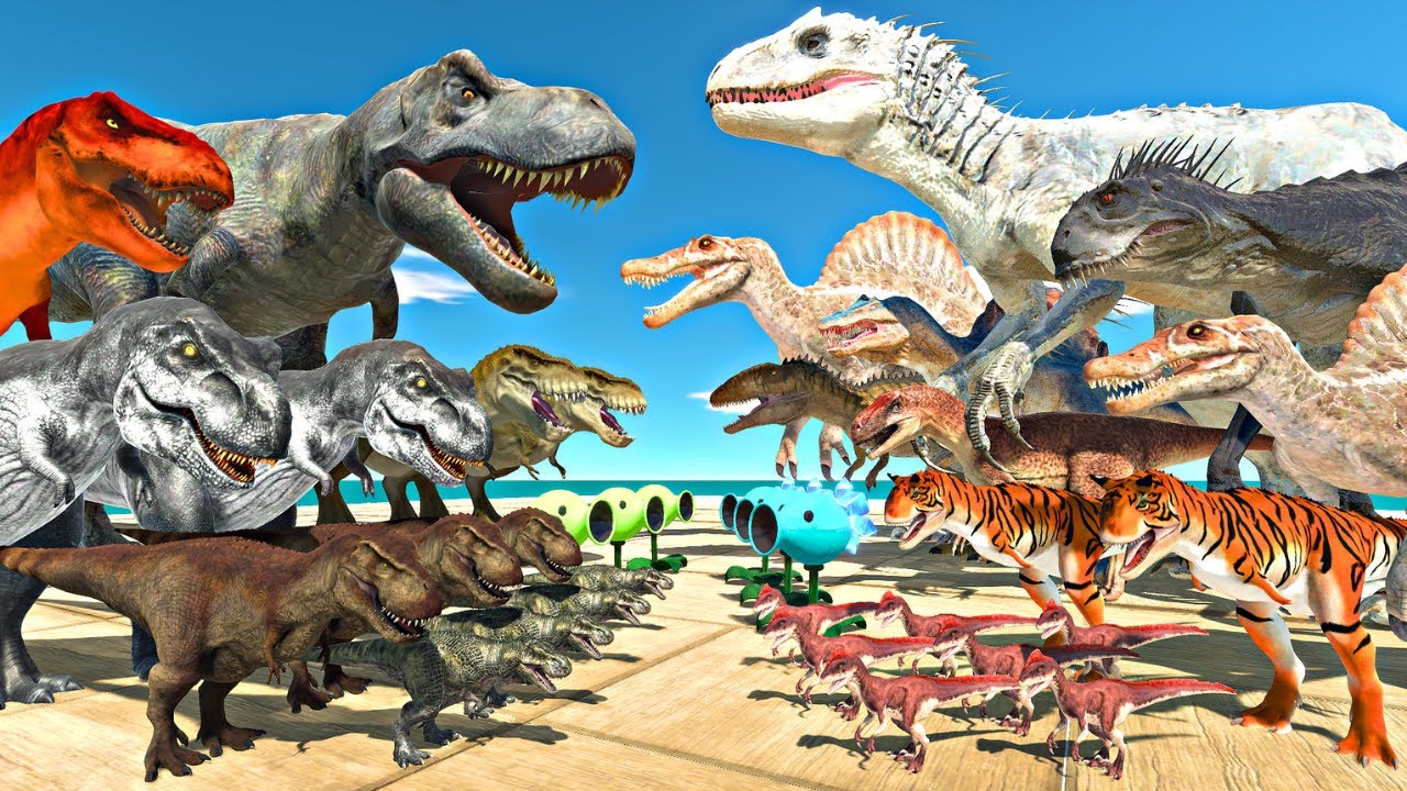 Dinosaurs Fights | Indominus Rex Team vs Tyrannosaurus Rex Gang - Animal Revolt Battle Simulator
