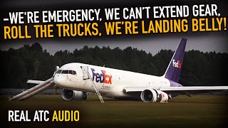 FedEX Boeing 757 GEAR UP LANDING After Hydraulic failure. REAL ATC