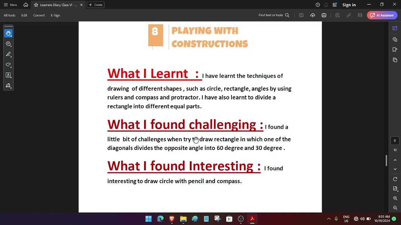 Learners Diary (L.D) math(Ganita Prakash) class VI (Six) 8th  chapter- Playing with construction