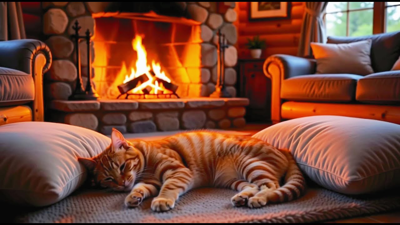 Quiet Night Ambience with Cat Sleep Music – Fireplace ASMR Blended with Gentle Piano Calm