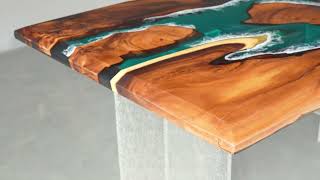 🌴 Dine Above Tropical Waves | Custom Walnut Emerald Ocean Epoxy Table