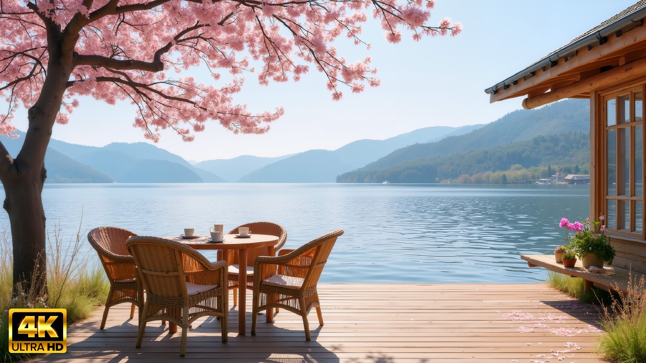 Спокойная весенняя атмосфера кафе у озера 🌷 Расслабляющая фортепианная музыка и звуки природы для г