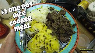 $2 one-pot meal in Amazons Popular Rice Cooker (beef red wine ravioli mushroom onion cabbage)