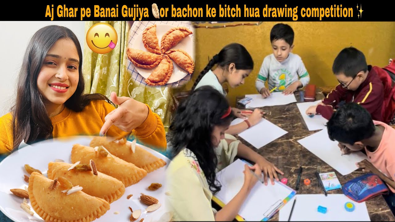 Aj Ghar pe Banai Gujiya 🥟or bachon ke bitch hua drawing competition ✨|| Preeti Rawat Vlogs 🌸