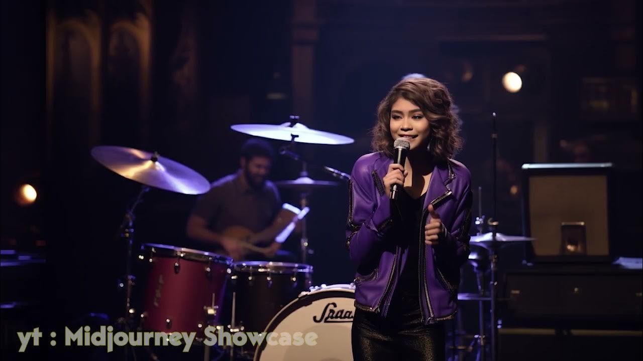 Zendaya hosting SNL on a stage, wearing a black and purple letterman