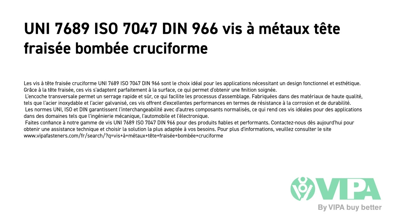 UNI 7689 ISO 7047 DIN 966 vis à métaux tête fraisée bombée cruciforme