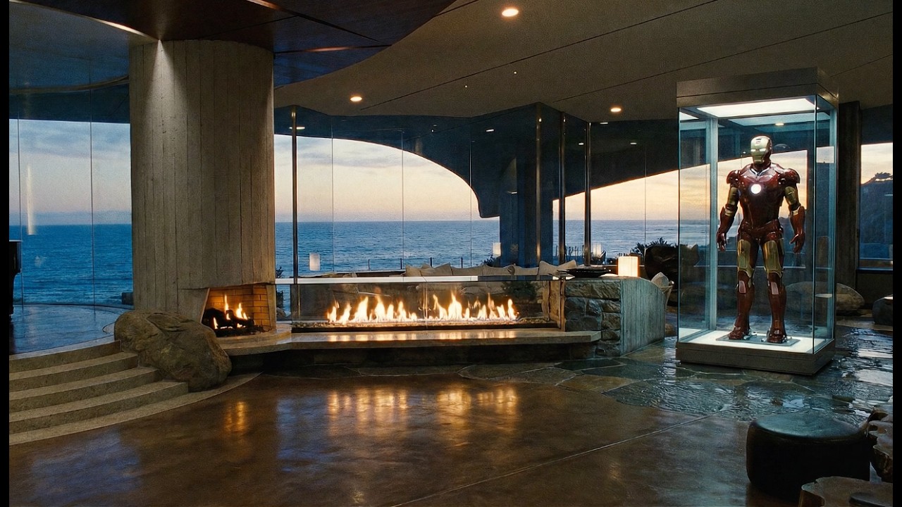 Tony Stark Malibu Mansion Fireplace 🌧 Ocean waves Ambience (1 Hour 30 ...