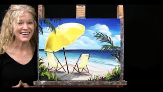 Learn how to Draw and Paint BEACH CHAIRS AND UMBRELLA with Acrylics- Time Lapse- Landscape Tutorial