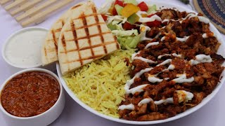 Shawarma Rice Platter,Chicken Shawarma,Garlic Sauce,Hot Sauce Recipe By Recipes Of The World