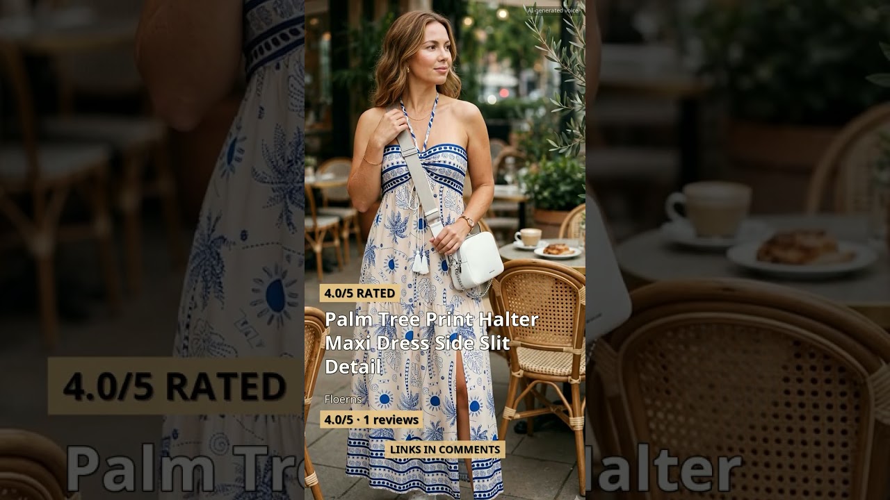women wearing a sleeveless halter maxi dress with tropical palm tree print, featuring a backless cut and side slit, styled wi