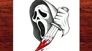 Horror art: The drawing is Ghostface Mask and Bloody knife # pencil ✏️ Art # Beginner sketch
