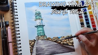 Ink & Watercolor Lighthouse | Freehand Ink & Wash Timelapse