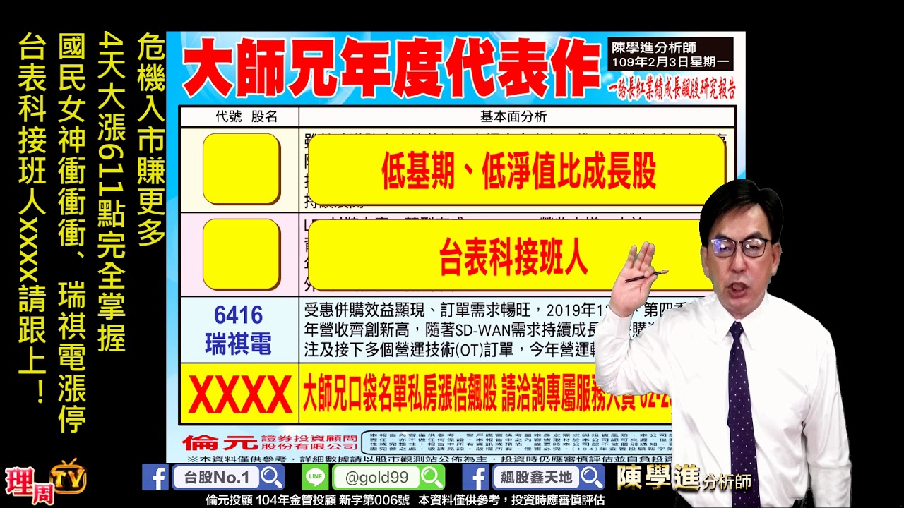 理周tv 20200206 盤後 陳學進飆股鑫天地 危機入市賺更多 4天大漲611點完全掌握 國民女神衝衝衝 瑞祺電漲停 台表科接班人xxxx請跟上 Youtube