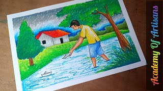 Rainy Day Drawing | A Boy Floats Paper Boat | Oil Pastel Painting | Academy Of Artisans