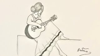 رسم فتاة تعزف على الجيتار ||how to draw a girl playing on guitar 🎸🎻🎸🎸🎸🎻 🌹🌿