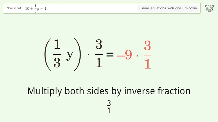 Linear equation with one unknown: Solve 10+1/3y=1 step-by-step solution