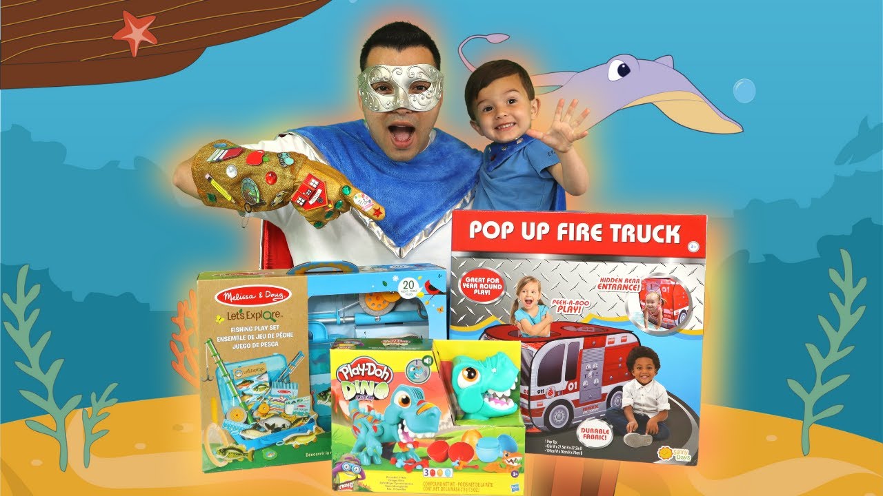 BEST PRETEND PLAY WITH FIRE TRUCK TENT, PLAY DOH DINOSAUR & FISHING KIT