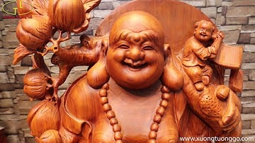 Tượng Gỗ Di Lặc Ngũ Phúc Vác Cành Đào Gỗ Hương