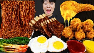 ASMR MUKBANG | Fried Chicken, steak, black bean noodles, kimchi Korean Food recipe ! eating