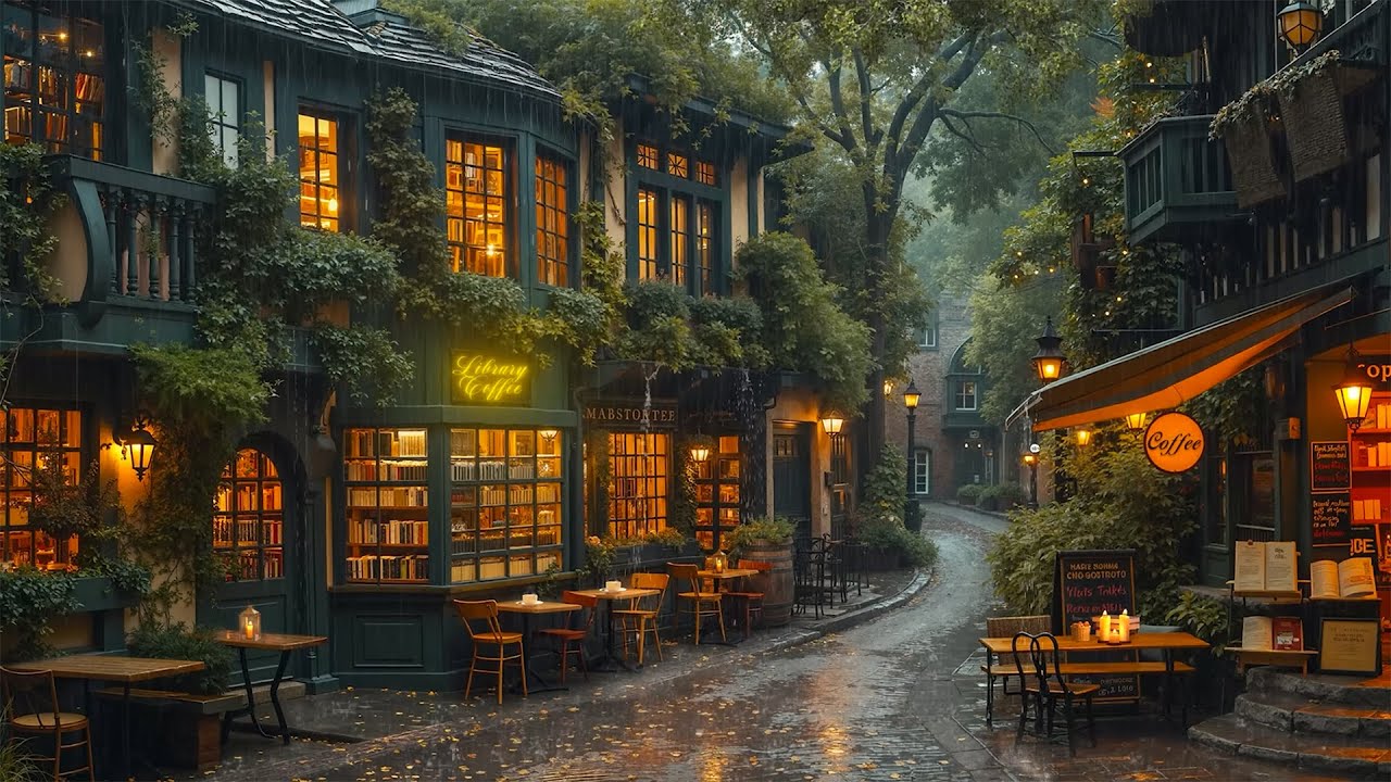 Rainy Day Jazz in an Old Town 🌧️ Warm Lights & Piano Jazz in a Quiet Library Café for Focus & Study☕