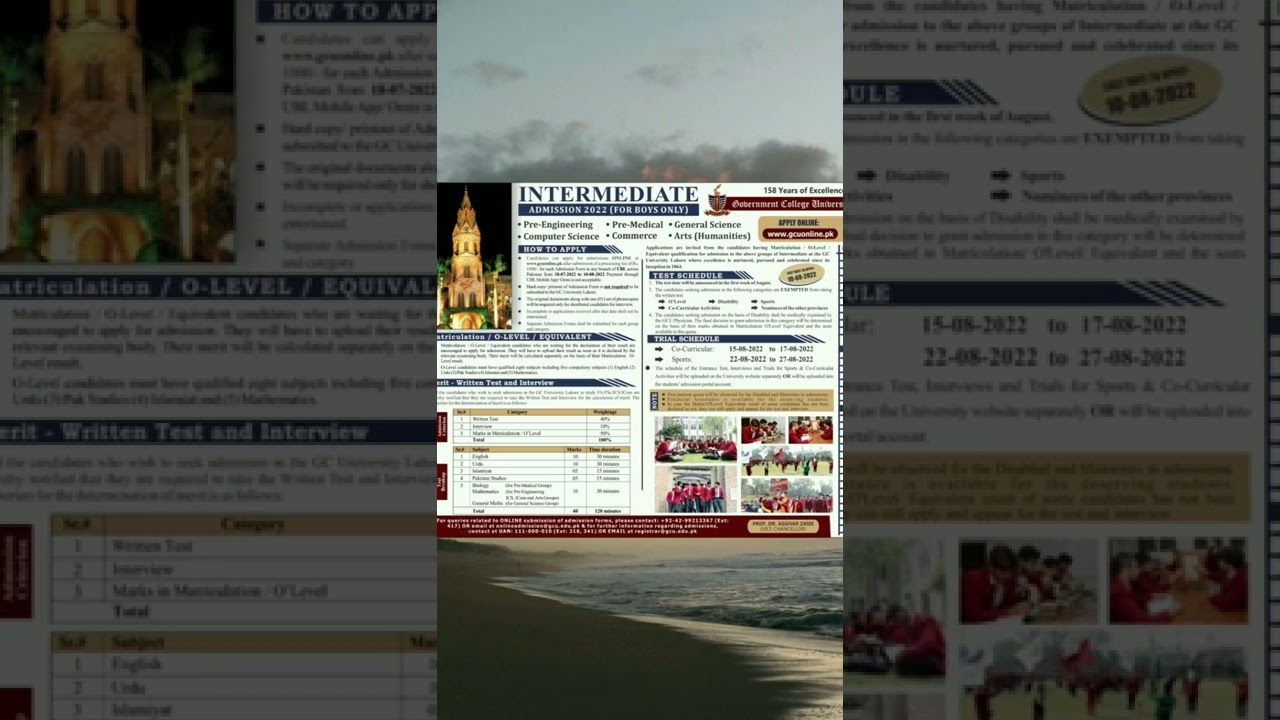 Intermediate Admission Open 2022 in GC University Lahore/ fa/fsc Admission Open 2022 in gcu lahore