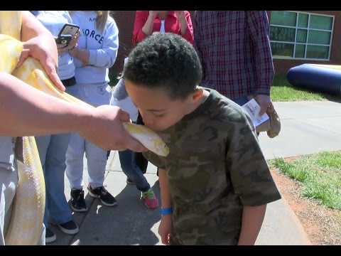 Students kiss the 13 foot, 85 lb albino Burmese Python.