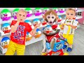 Monkey Bi bon goes to the supermarket  with Vlad and Niki to buy Kinder Joy Eggs Candy | Funny Video