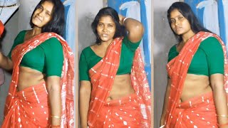 Low Waist Saree D Style Posing In Red Cotton Saree With Green Cotton Blouse Saree Lover