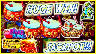 MASSIVE DOUBLE WIN JACKPOT! Dancing Drums VS All Aboard Piggy Pennies Slots HIGHLIGHT
