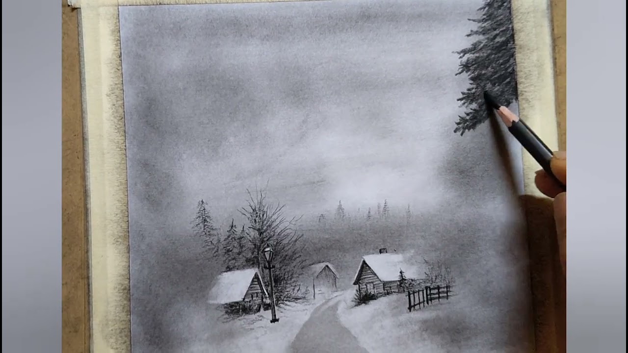 Village Landscape  Drawing By Charcoal Pencil # Snow Village Sketch # Landscape.