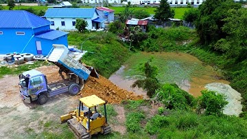Start Filling A New Project Pond!! Bulldozer Komatsu D20p Pushing Soil Delete Pond & 5ton Truck.