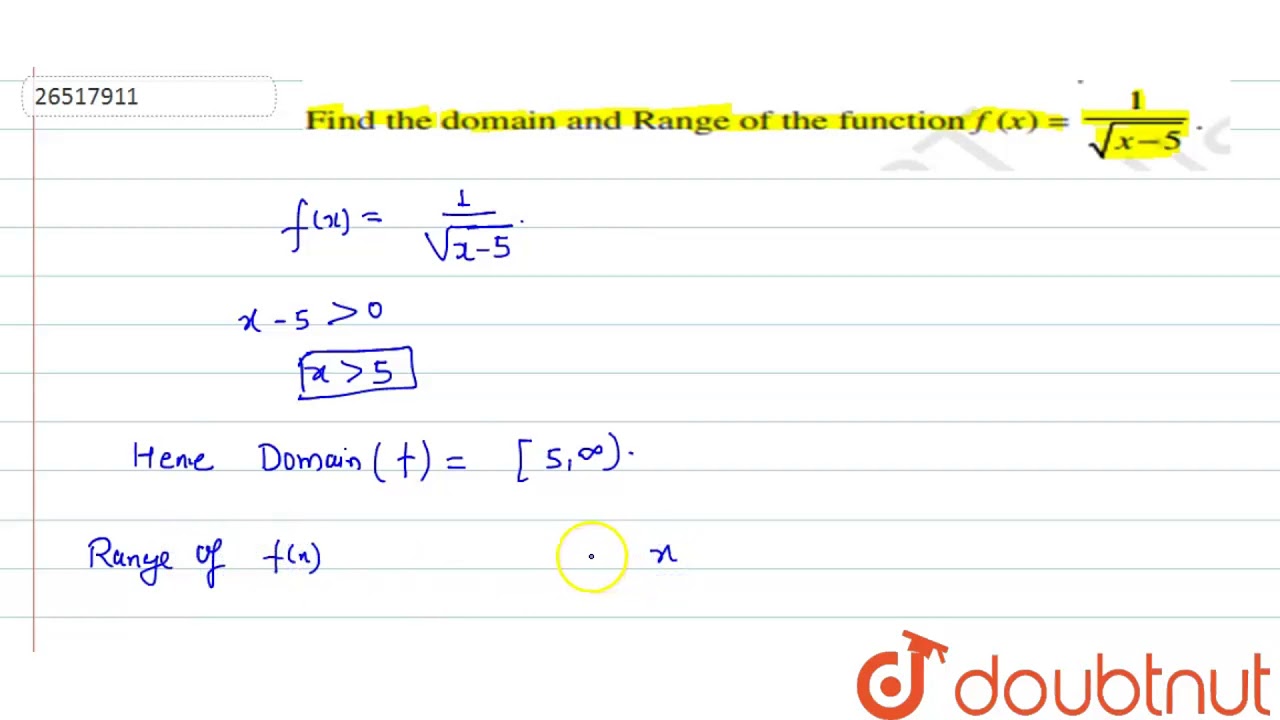 Find The Domain And Range Of The Function F X 1 Sqrt X 5 Youtube