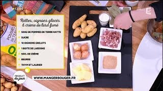 Rattes, oignons glacés et crème de lard fumé